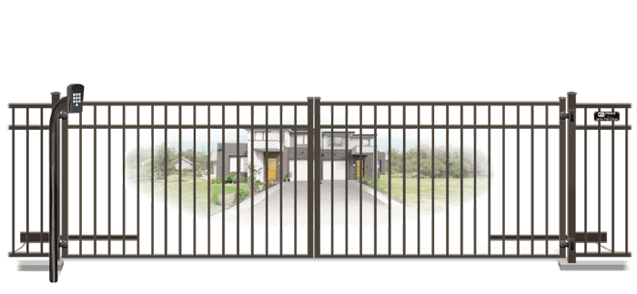 Metal swinging estate gate in closed position