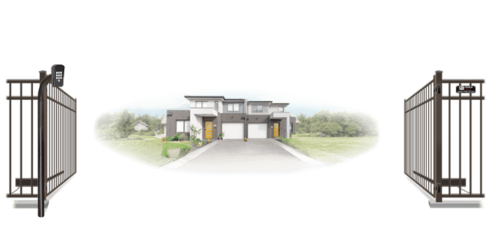 Metal swinging estate gate in open position