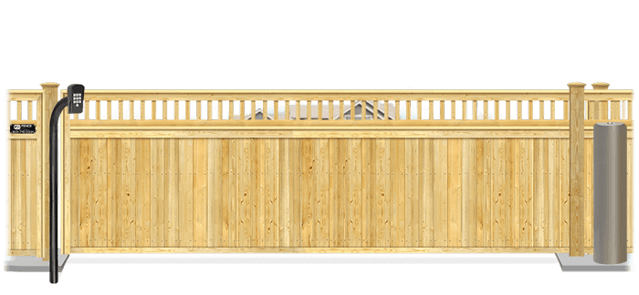 Wood sliding estate gate in closed position